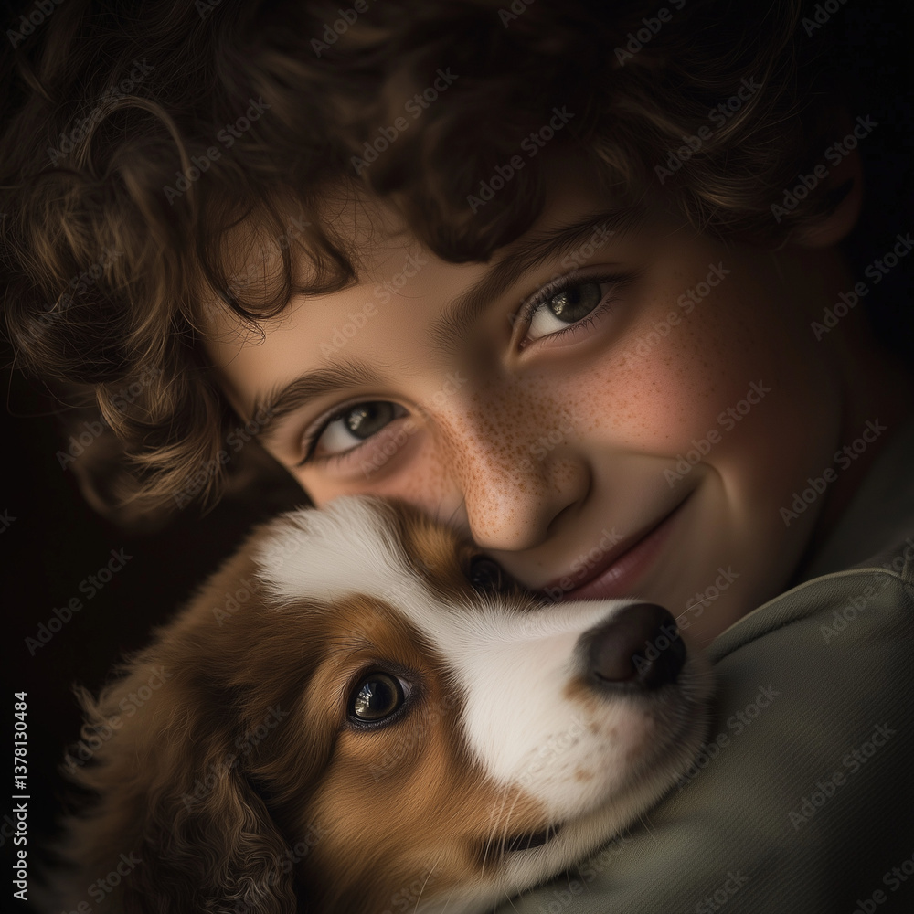 A heartwarming close-up of a smiling boy with curly hair, gently cradling a puppy. The puppy's eyes are large and expressive, capturing an innocent, loving bond. A heartwarming close-up of a smiling boy with curly hair, gently cradling a puppy. The puppy's eyes are large and expressive, capturing an innocent, loving bond.
