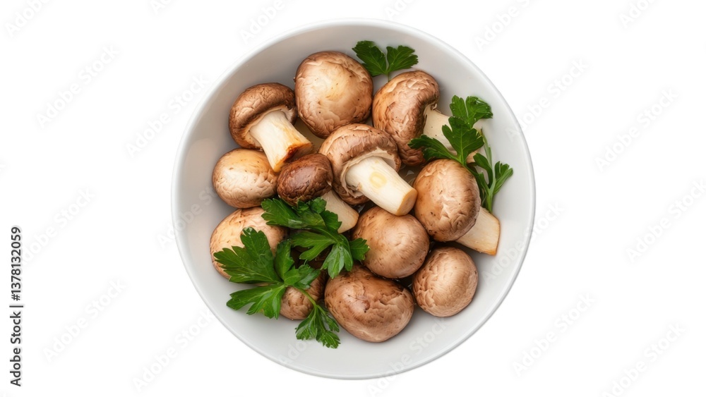 Fresh mushrooms in a bowl with parsley garnish. Fresh mushrooms in a bowl with parsley garnish.