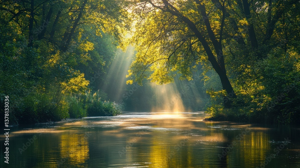 Sunlit rays illuminate the river flowing through a beautiful green forest Sunlit rays illuminate the river flowing through a beautiful green forest