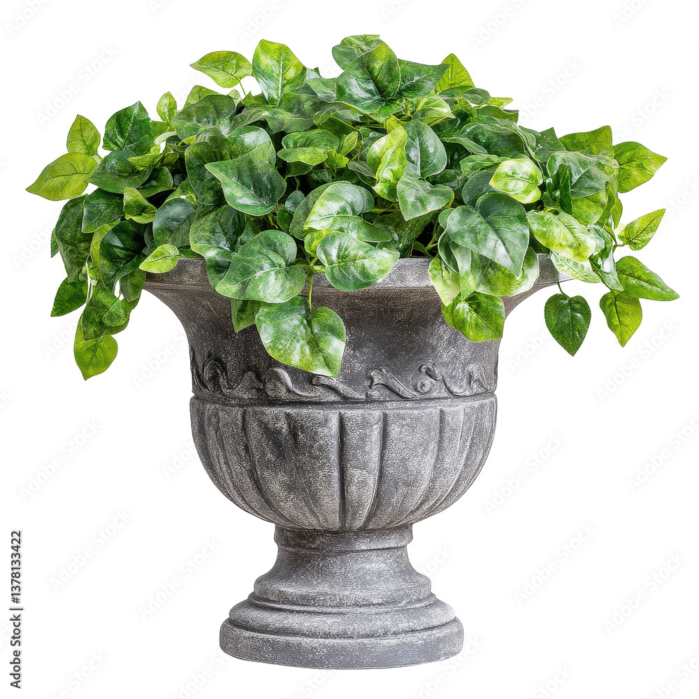 Lush greenery in a decorative garden urn planter adds elegance to outdoor space, Garden urn planter with with lush greenery isolated on white background Lush greenery in a decorative garden urn planter adds elegance to outdoor space, Garden urn planter with with lush greenery isolated on white background