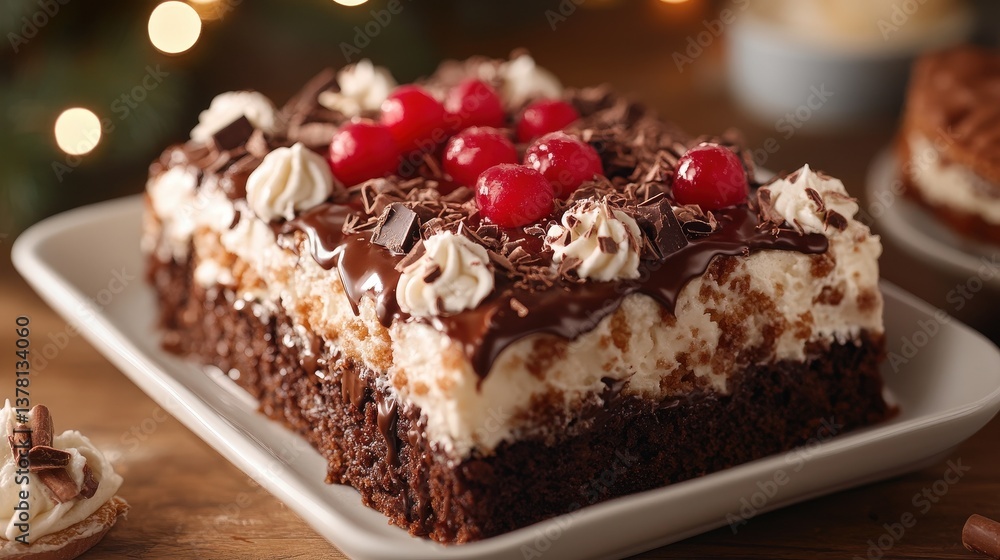 Decadent chocolate cake, adorned with cream, cherries, and shavings. Festive lights twinkle in the blurred background. A sweet holiday treat! Decadent chocolate cake, adorned with cream, cherries, and shavings. Festive lights twinkle in the blurred background. A sweet holiday treat!