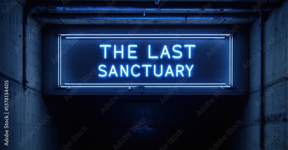 Obraz premium Neon last sanctuary sign glowing faintly on hidden underground entrance deep navy and bright silver symbolizing final refuge