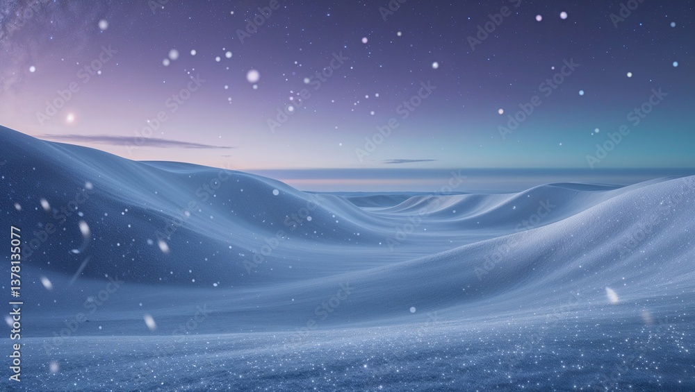 A quiet winter landscape unfolds with rolling hills covered in soft snow. Delicate snowflakes tumble down as pastel hues of dawn illuminate the serene atmosphere, creating a surreal ambiance A quiet winter landscape unfolds with rolling hills covered in soft snow. Delicate snowflakes tumble down as pastel hues of dawn illuminate the serene atmosphere, creating a surreal ambiance