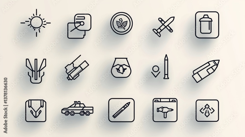A set of simple monochrome icons and symbols depicting elements related to technology tools travel and the outdoors such as a sun smartphone leaf airplane toolbox and more A set of simple monochrome icons and symbols depicting elements related to technology tools travel and the outdoors such as a sun smartphone leaf airplane toolbox and more