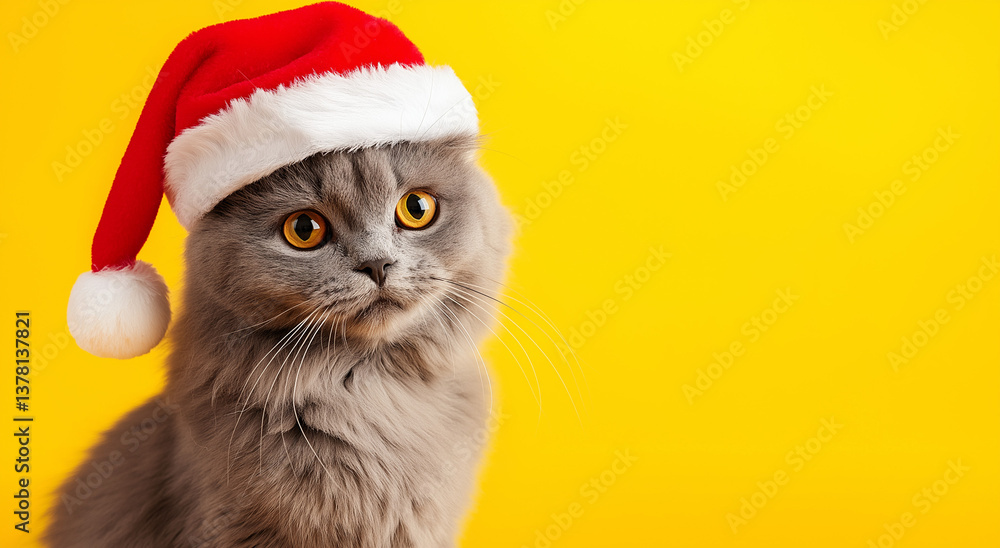 Obraz premium Gato cinza engraçado de pelo longo com chapéu de Papai Noel, animal de estimação de Natal, fundo amarelo, felino festivo, imagem de gato de feriado