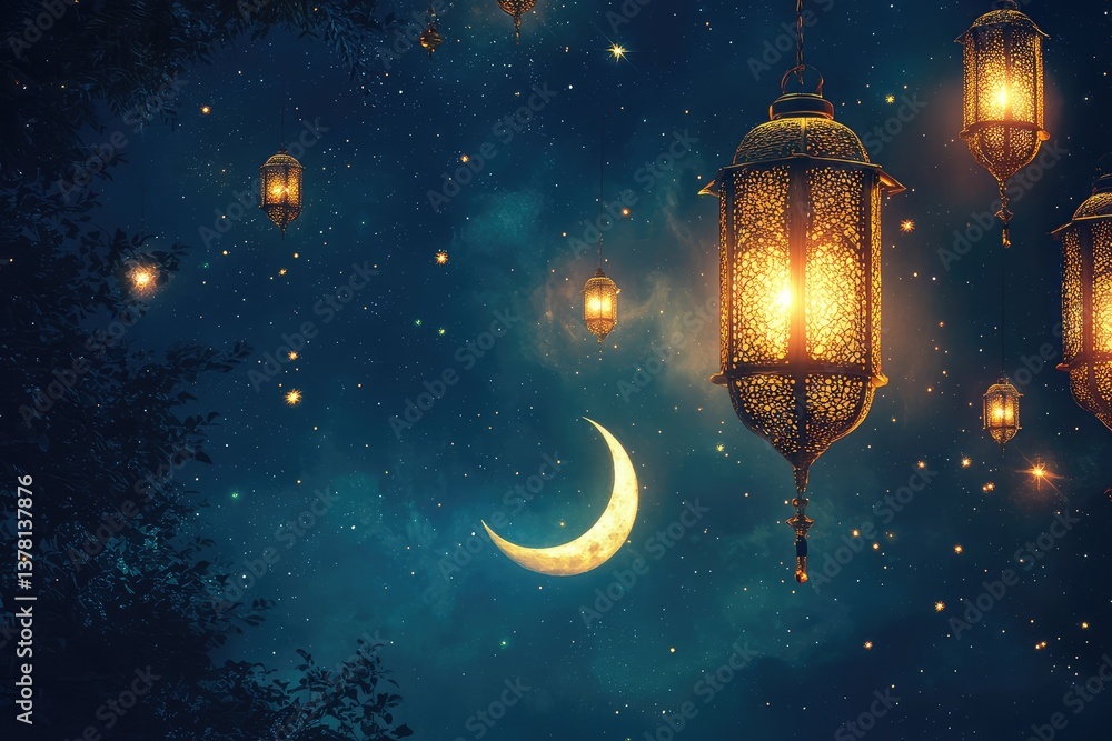Fototapeta premium Crescent moon shining over dark sky with stars and lanterns. AI generated illustration.