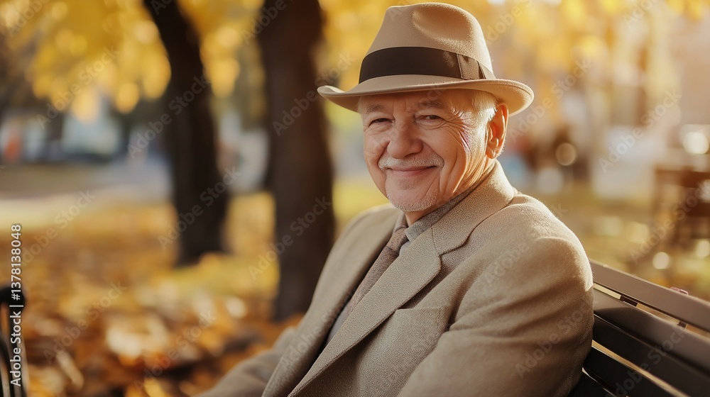 elderly man smiling sitting on a bench in autumn park elderly man smiling sitting on a bench in autumn park