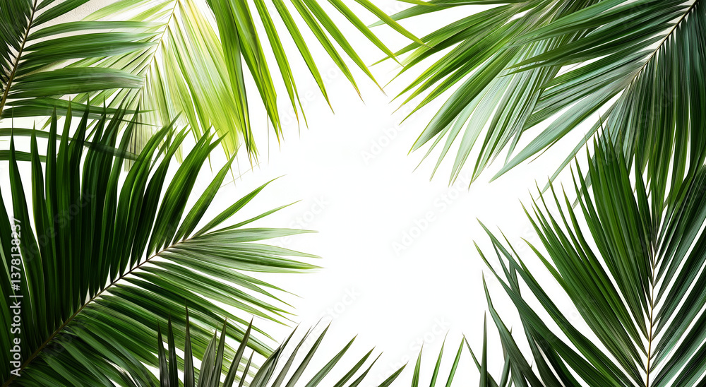 Folhas de palmeira verdejantes, folhagem tropical, fundo botânico, banner da natureza, planta elegante, fundo branco, close-up Folhas de palmeira verdejantes, folhagem tropical, fundo botânico, banner da natureza, planta elegante, fundo branco, close-up