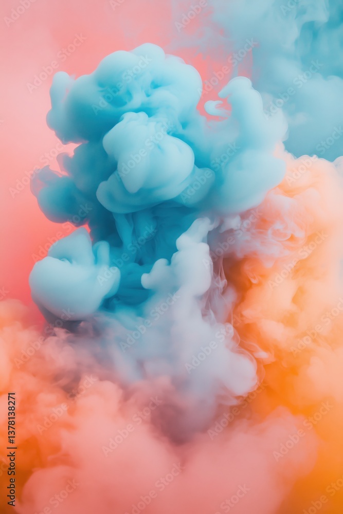 Fototapeta premium A dramatic action shot of billowing plumes of pink, blue, and orange dense smoke swirling in the air, set against a minimal background.