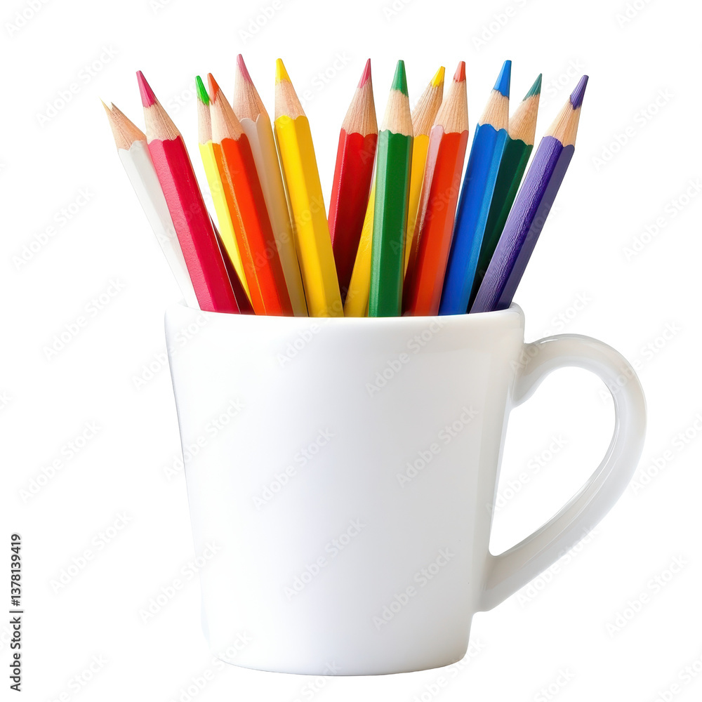 Multicolor pencils arranged in a white cup on a plain background, white cup with multicolor pencils on isolated isolated on Transparent background Multicolor pencils arranged in a white cup on a plain background, white cup with multicolor pencils on isolated isolated on Transparent background