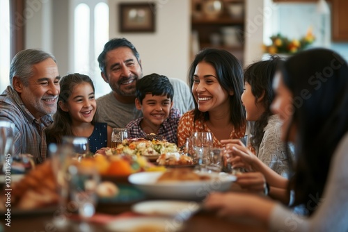 A warm, candid scene of a diverse, multigenerational family gathered around a dining table, sharing a meal and laughter.