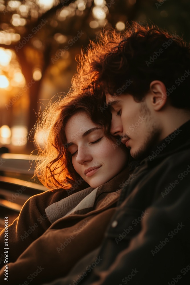 A person resting their head on a loved one's shoulder while sitting on a park bench. A person resting their head on a loved one's shoulder while sitting on a park bench.