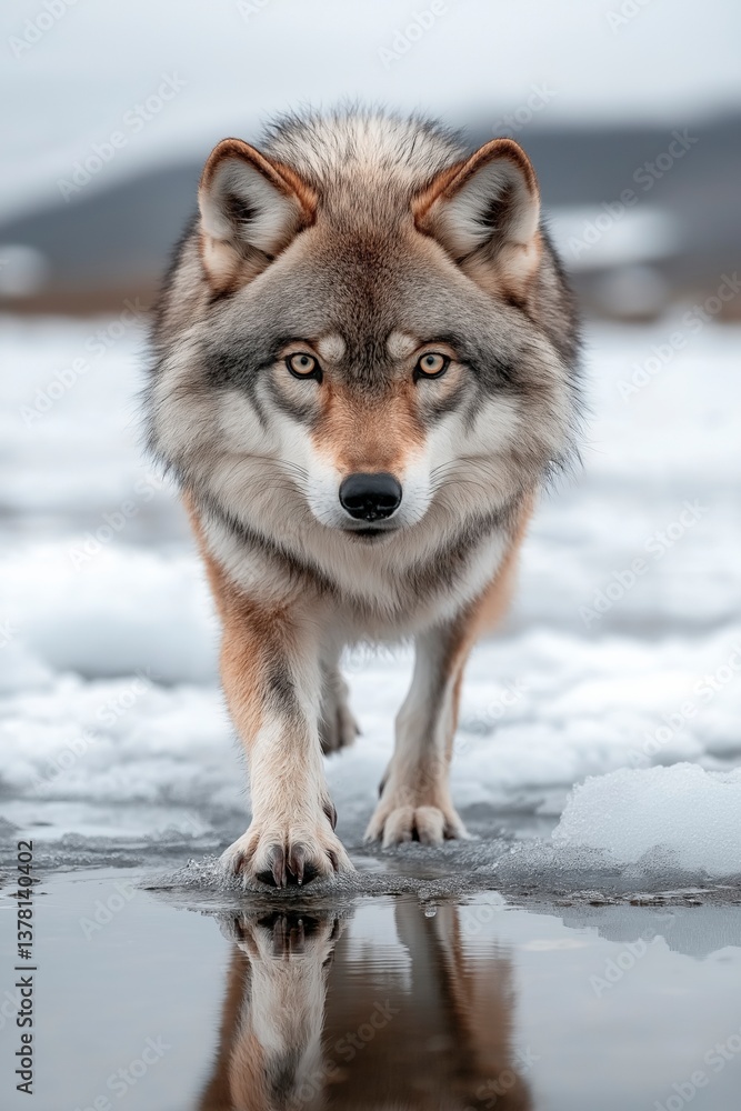 Obraz premium Majestic wolf strides confidently across icy terrain in a serene winter landscape under soft, muted light Generative AI