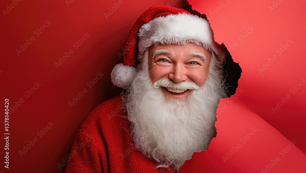 Joyful Santa peeks through a red paper tear Joyful Santa peeks through a red paper tear