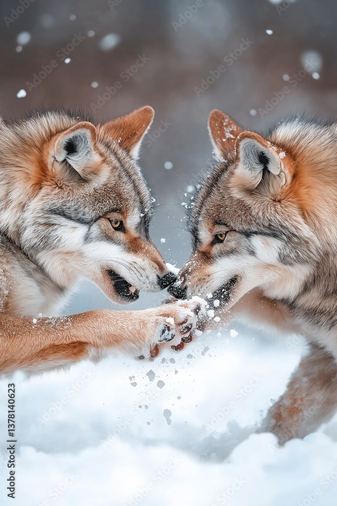 Fototapeta premium Wolves playfully interact in a snowy forest landscape under a soft winter light Generative AI
