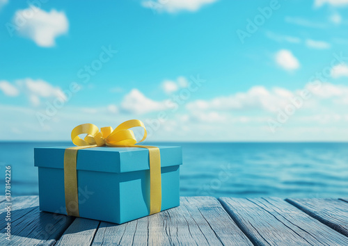 Blue gift box with yellow ribbon on wooden deck near ocean under bright sunny sky
