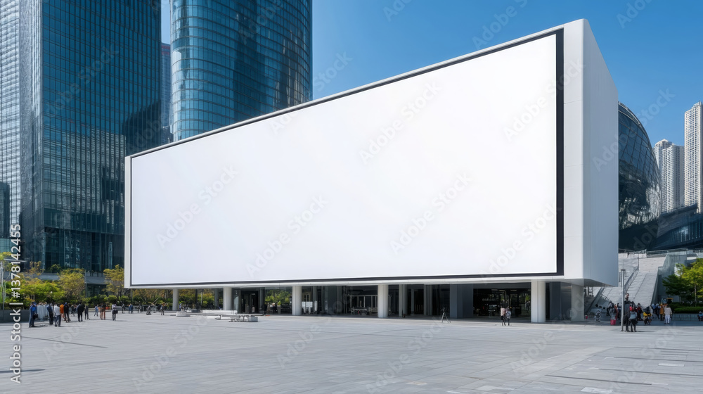 Fototapeta premium wide blank outdoor LED screen is positioned in urban setting, surrounded by modern buildings