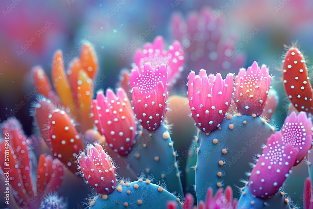 Vibrant cactus blossoms in a surreal garden setting Vibrant cactus blossoms in a surreal garden setting