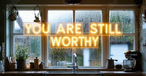 Chunky glowing message you are still worthy in white and gold mounted above window full of condensation in old quiet kitchen