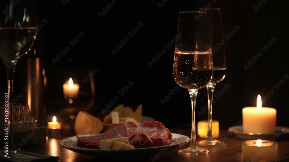 Elegant dinner setting with wine and gourmet food. Elegant dinner setting with wine and gourmet food.