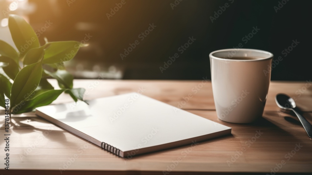 Cozy workspace with tea and notebook. Cozy workspace with tea and notebook.