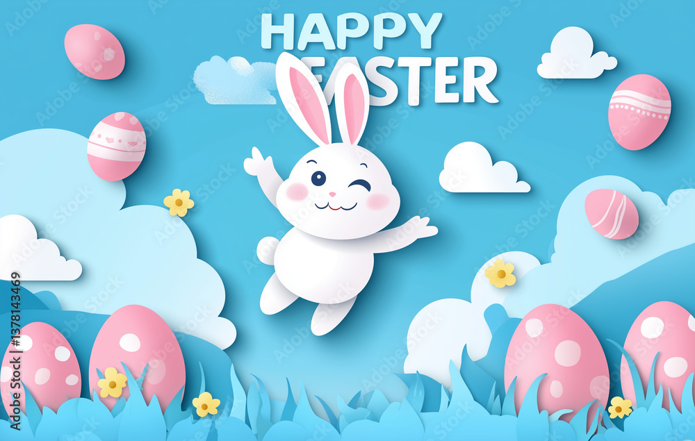 Happy Easter Card Template - Playful Bunny & Pink Eggs on Blue (Vector Paper-Cut Design, Copy Space, 2025 Trend) Happy Easter Card Template - Playful Bunny & Pink Eggs on Blue (Vector Paper-Cut Design, Copy Space, 2025 Trend)