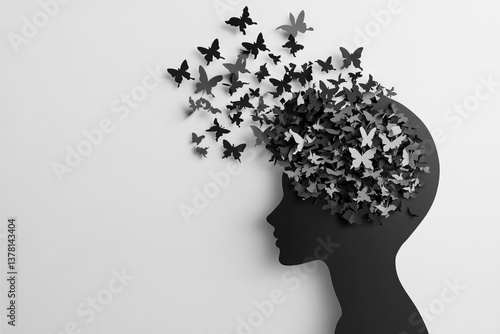 The concept of bipolar disorder is visually represented by a human head made from torn black and white crumpled paper on a gray background, highlighting the psychological aspects of manic and
