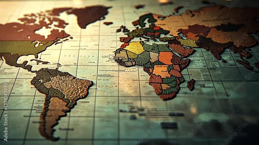 Detailed world map displays continents borders on flat surface