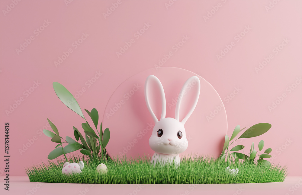 Obraz premium Cute Easter Bunny Peeking from Round Pink Background – Minimalist 3D Render for Holiday Branding, Social Media & Easter Decor (Playful, Ultra HD)