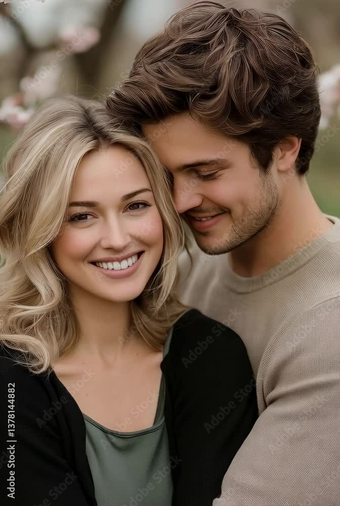 Couple enjoys springtime embrace among blooming trees in a serene outdoor setting Couple enjoys springtime embrace among blooming trees in a serene outdoor setting