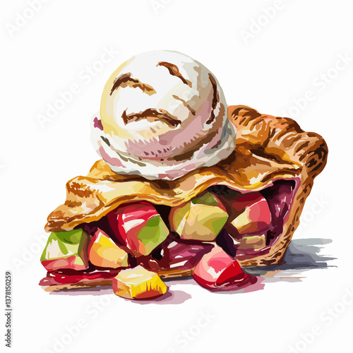 Watercolor Apple Pie with Vanilla Ice Cream Scoop