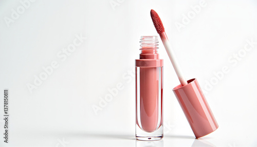 Open nude pink lip gloss with applicator on white background