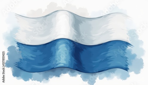 Bavarian striped flag banner in wavy motion. Watercolour style illustration. Paintbrush or spilled paint form on light background. Flag of Bavaria, patriotism concept. Oktoberfest festival celebration