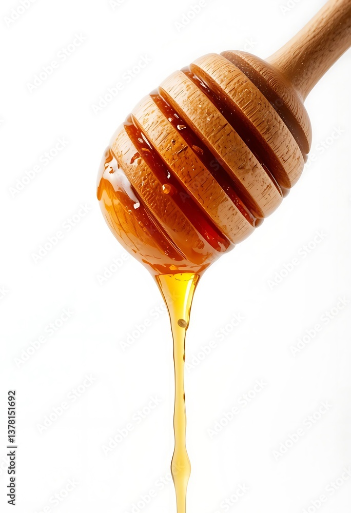 Golden honey dripping from wooden honey dipper against white background pure sweetness Golden honey dripping from wooden honey dipper against white background pure sweetness