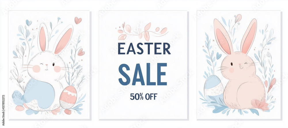 Fototapeta premium Easter Social Media Template Set - 3 Ready-to-Use Pastel Designs with '50% OFF' Sale Banner, Bunny Silhouette & Geometric Elements (Vector, AI Generated)