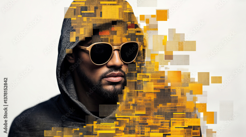 Digital art portrait featuring a man with a serious expression, his face framed by a hoodie and a golden-hued pixelated design.
