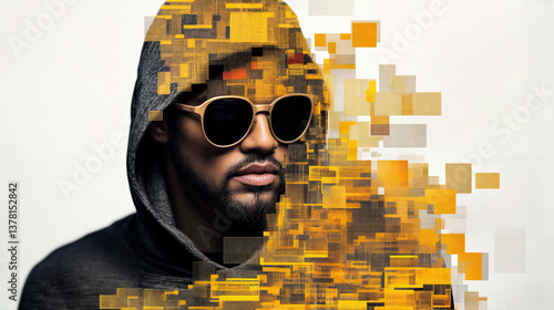Obraz na płótnie Digital art portrait featuring a man with a serious expression, his face framed by a hoodie and a golden-hued pixelated design. w salonie