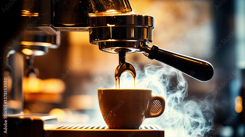 Close-up view of a commercial espresso machine in action.