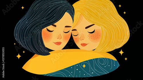 Two women embrace, their eyes closed in peaceful slumber.