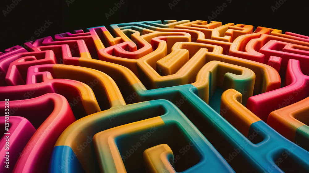 A vibrant, 3D maze, showcasing a complex network of colorful pathways.
