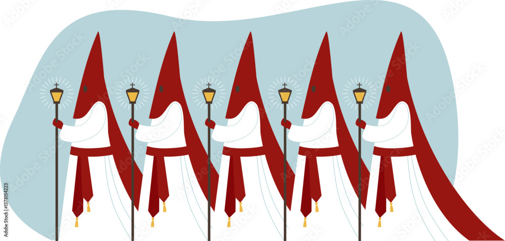 Fototapeta premium Spanish Nazarenos in Holy Week Procession. Traditional Easter characters.