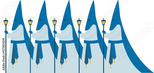 Spanish Nazarenos in Holy Week Procession. Traditional Easter characters.