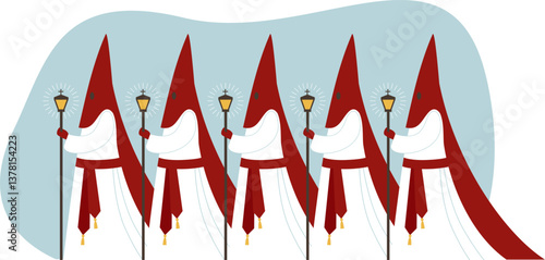 Spanish Nazarenos in Holy Week Procession. Traditional Easter characters.