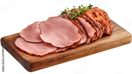 Sliced smoked ham on wooden board isolated on white or transparent background.