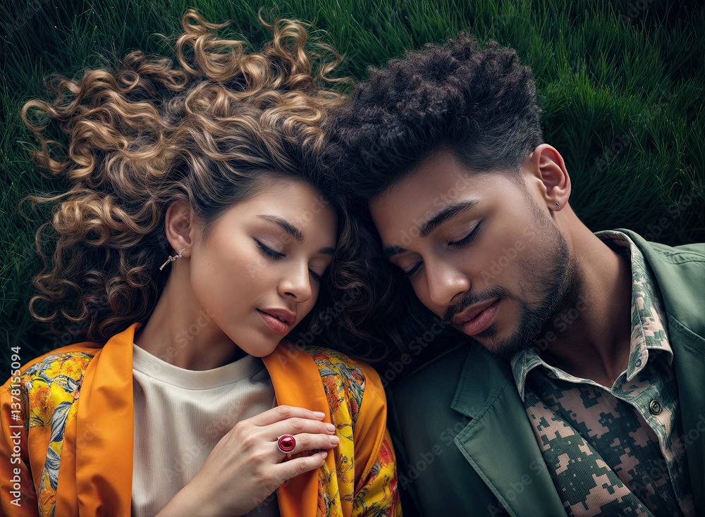 A couple rests peacefully in a grassy field, their eyes closed in serene repose.