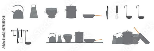 Kitchen utensils set. Vector stock illustration isolated on background for design template cuisine recipe book, menu cafe, restaurant, bistro, canteen, mess hall, lunchroom in school kindergarten.