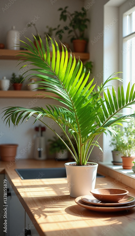 Fototapeta premium House plants Majesty Palm brightening up a kitchen interior 