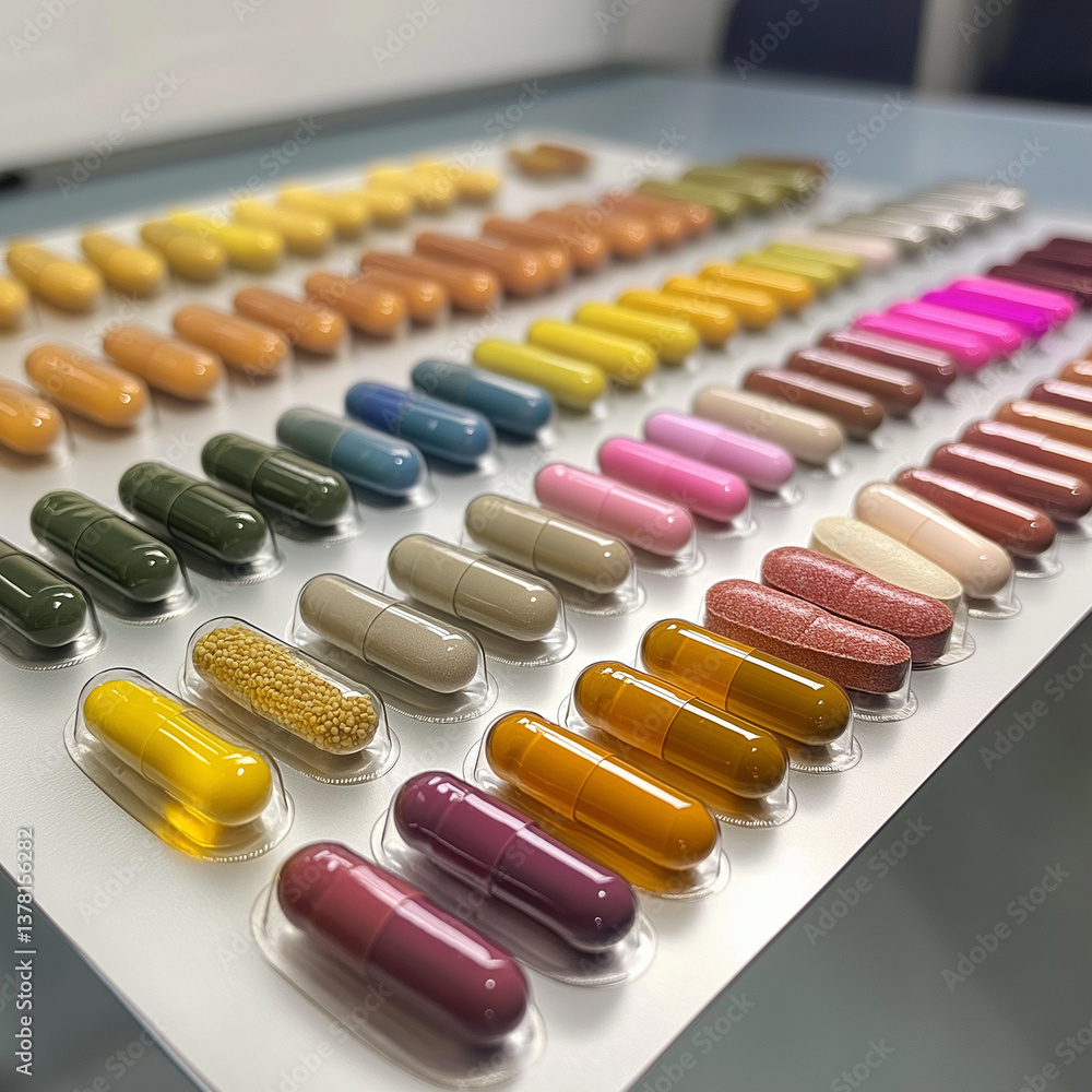 close-up of various colorful capsules and tablets neatly arranged on a white medical tray close-up of various colorful capsules and tablets neatly arranged on a white medical tray
