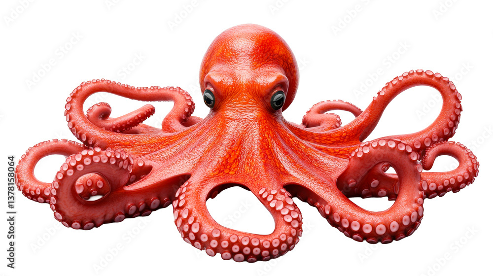 Fototapeta premium Vivid red octopus with intricate details, isolated, cut out transparent