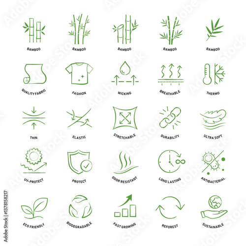Set icons for bamboo fabric, clothing. This icons shows main benefits of bamboo materials. Vector elements are good for different backgrounds, well scalable and editable. EPS10.